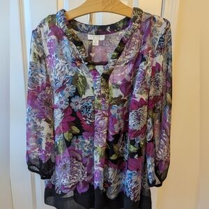 Charter Club Purple and Pink Relaxed Blouse with Mandarin Collar